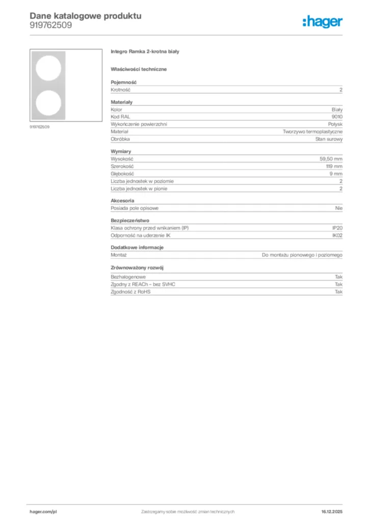Zdjęcie Hager Karta katalogowa 919762509 | Hager Polska