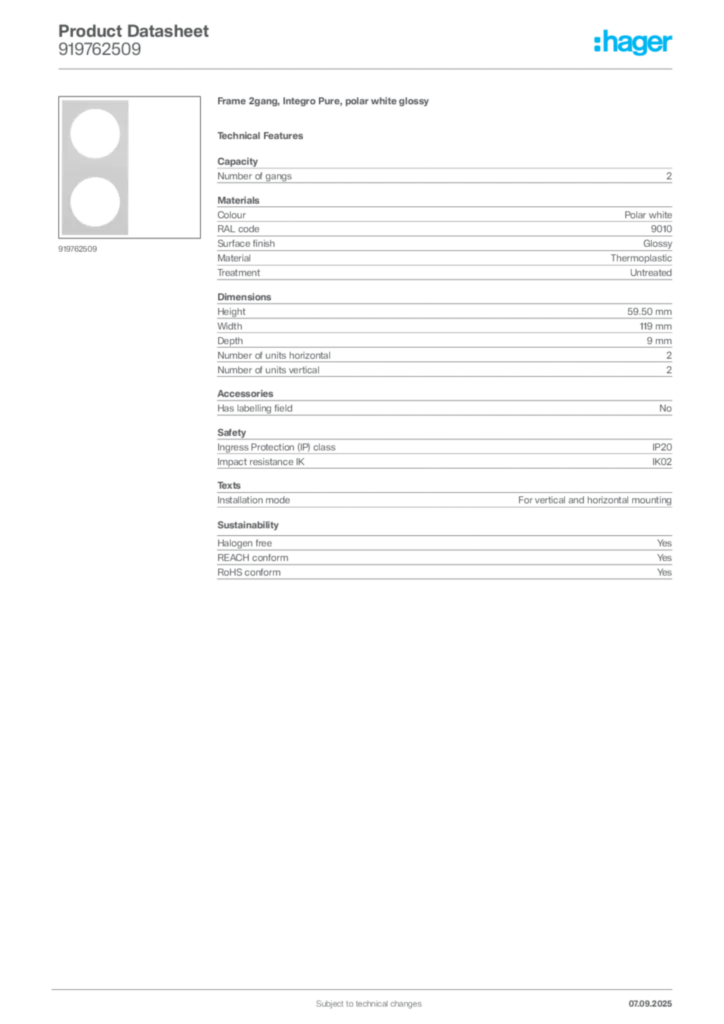 Image Hager Product data sheet 919762509  | Hager