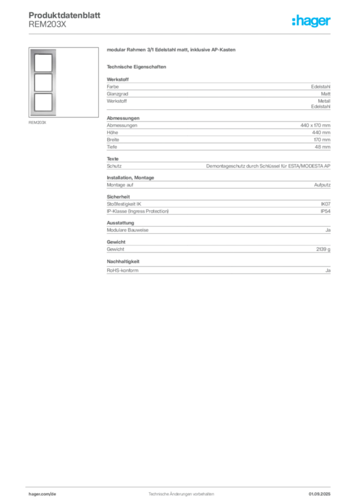 Hager Produktdatenblatt REM203X