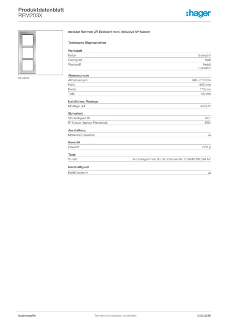Bild Hager Produktdatenblatt REM203X | Hager Deutschland