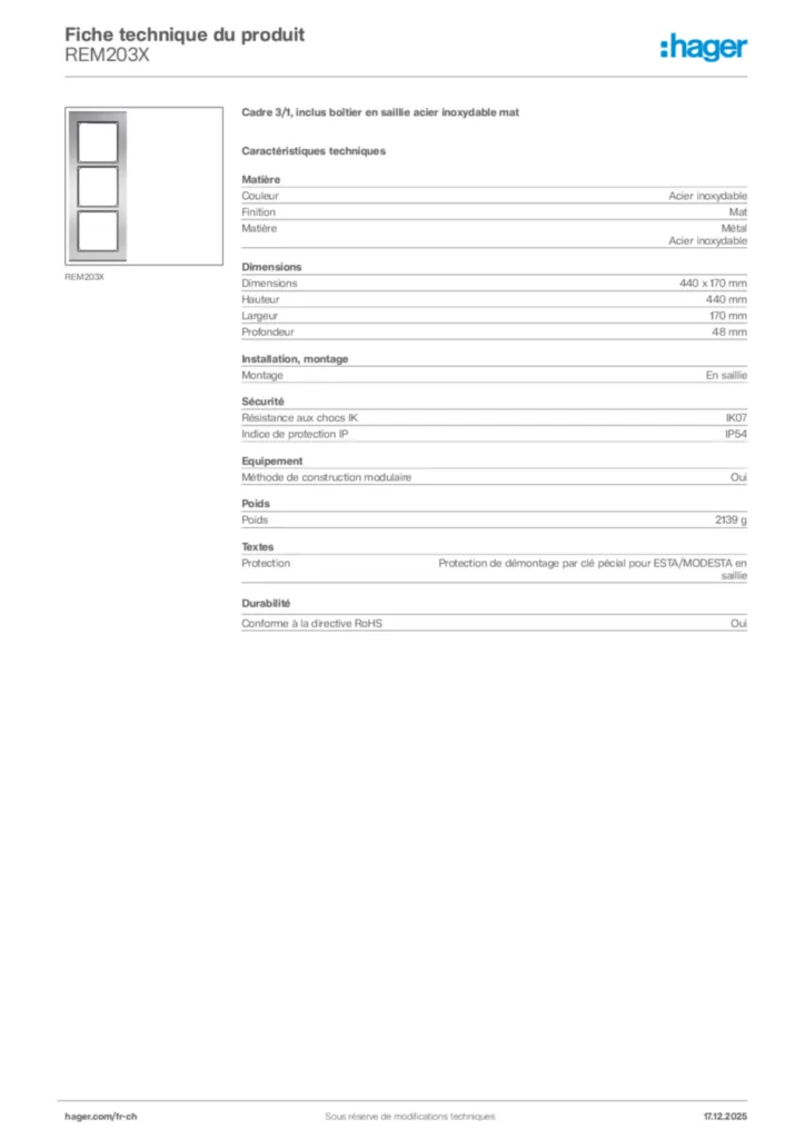 Image Hager Fiche technique du produit REM203X | Hager Suisse