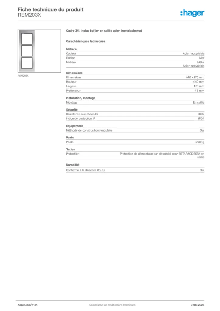 Image Hager Fiche technique du produit REM203X | Hager Suisse