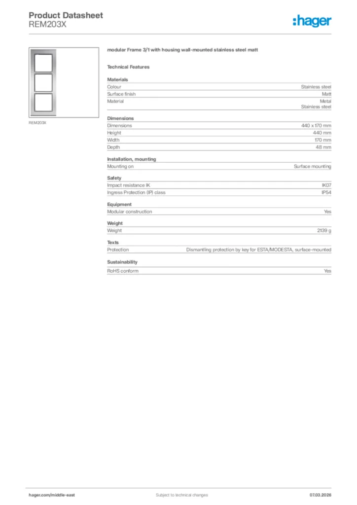 Image Hager Product data sheet REM203X  | Hager