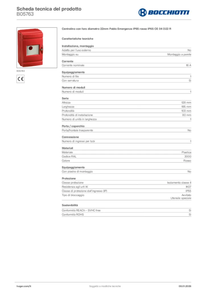 Immagine Bocchiotti Scheda tecnica del prodotto B05763 | Hager Italia