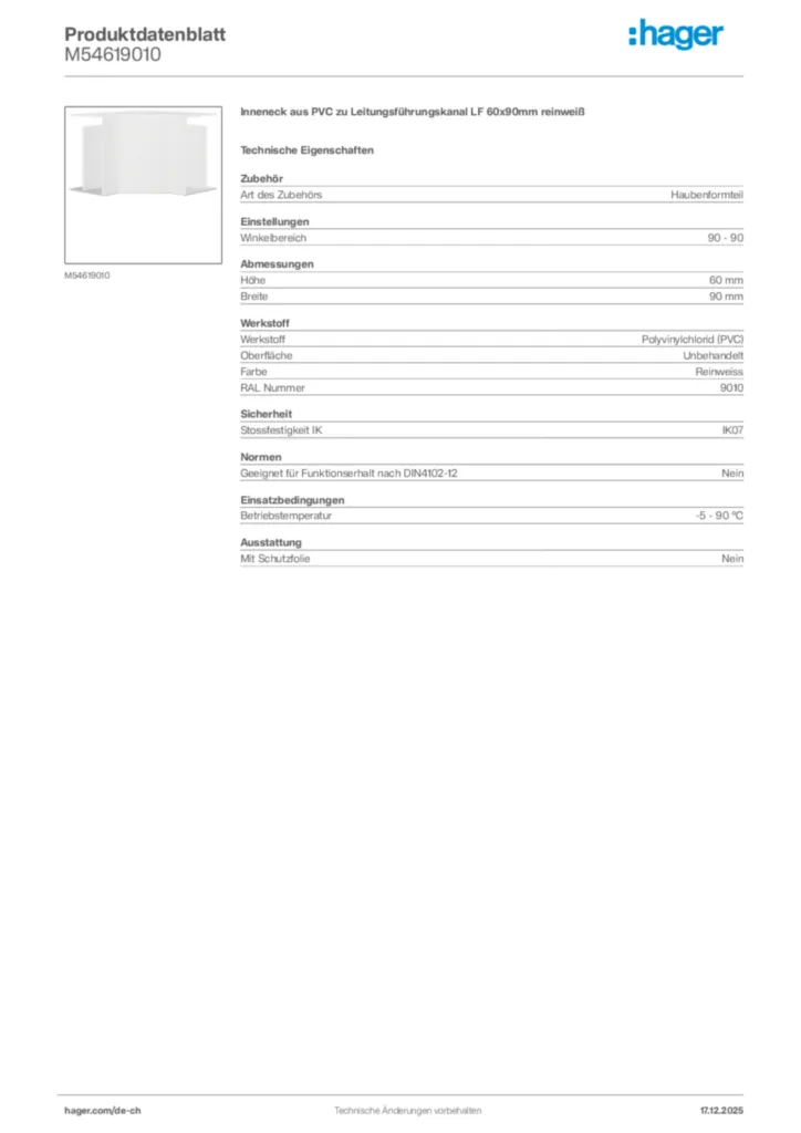 Bild Hager Produktdatenblatt M54619010 | Hager Schweiz