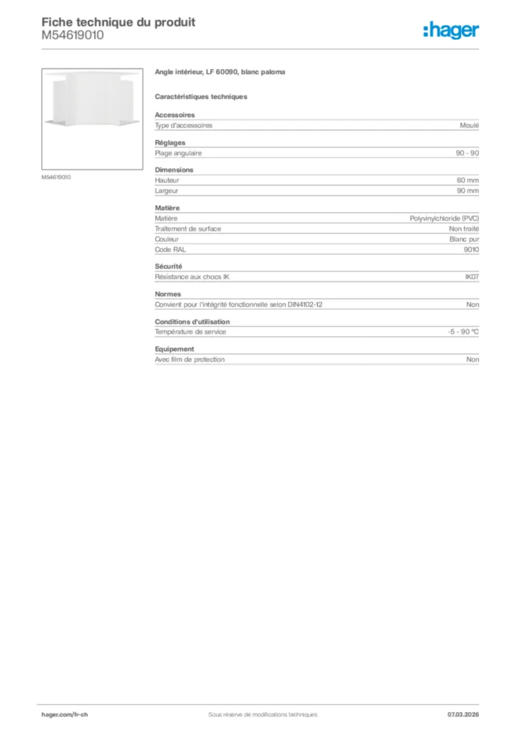 Image Hager Fiche technique du produit M54619010 | Hager Suisse