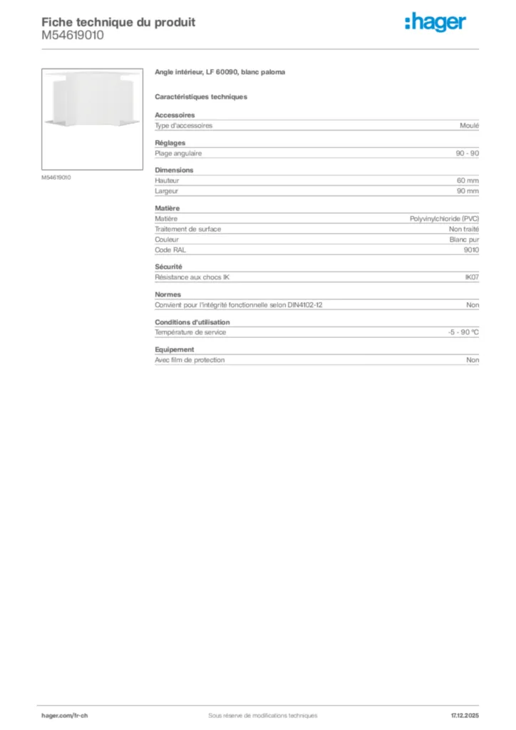 Image Hager Fiche technique du produit M54619010 | Hager Suisse