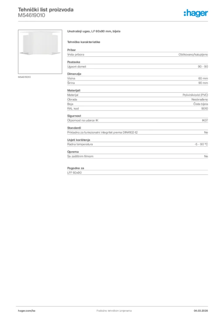 Slika Hager Tehnički list proizvoda M54619010  | Hager