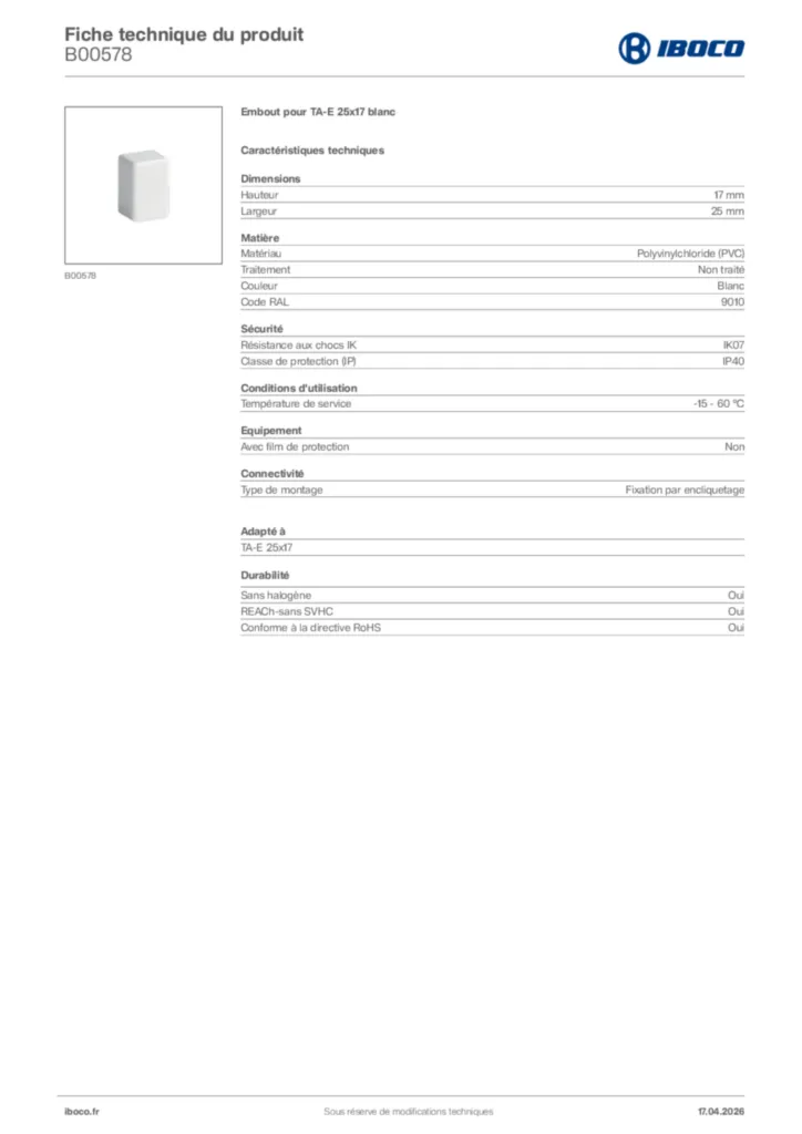 Image Iboco Fiche technique du produit B00578 | Hager France