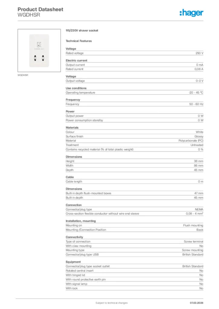 Image Hager Product data sheet WGDHSR  | Hager