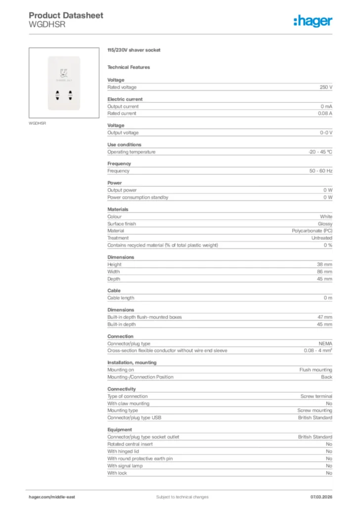 Image Hager Product data sheet WGDHSR  | Hager