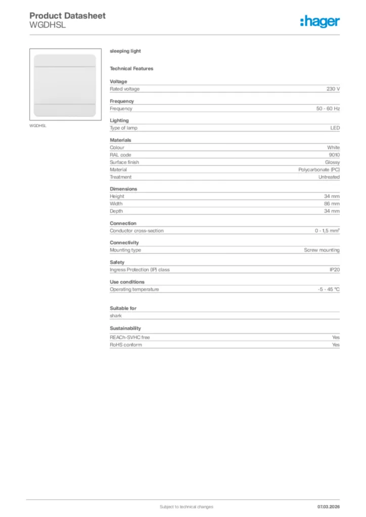 Image Hager Product data sheet WGDHSL  | Hager