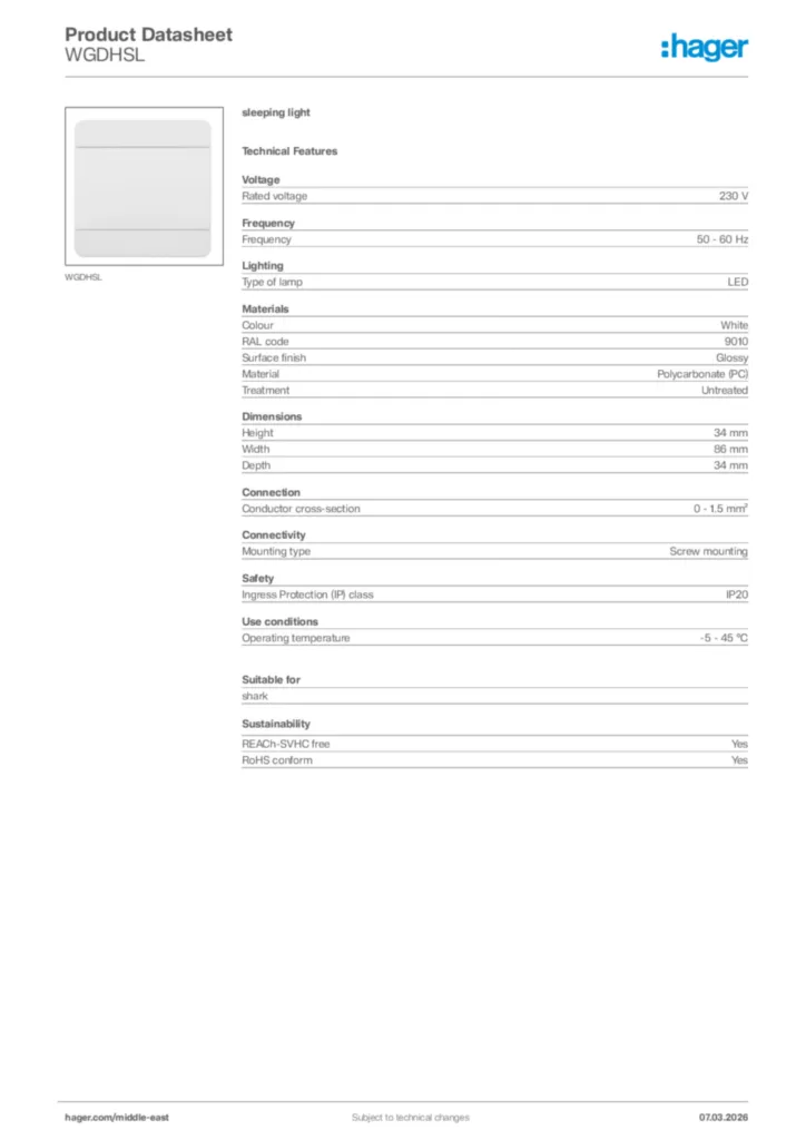 Image Hager Product data sheet WGDHSL  | Hager