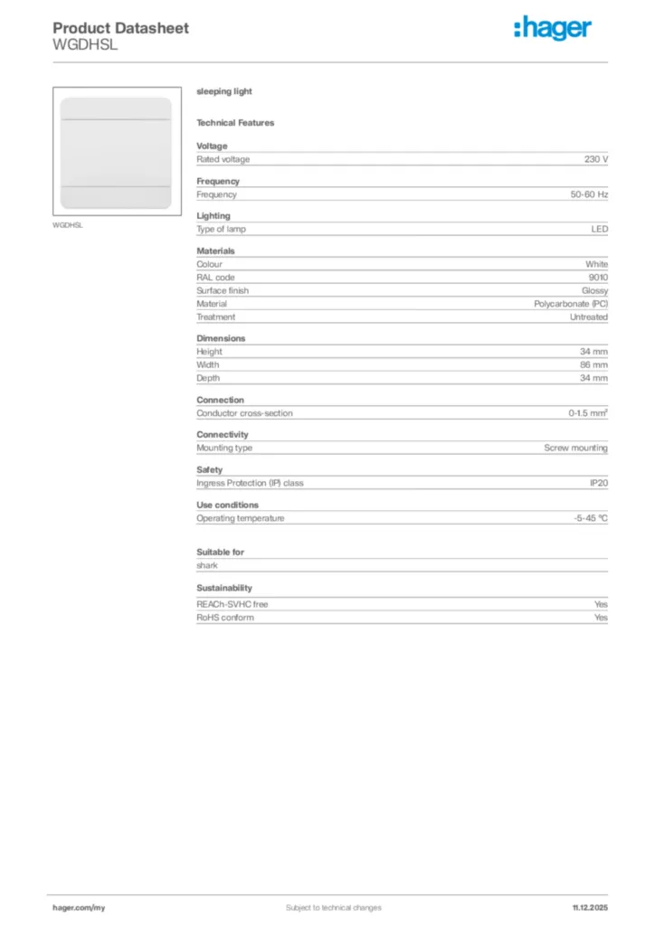 Image Hager Product data sheet WGDHSL  | Hager