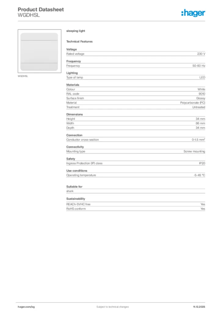 Image Hager Product data sheet WGDHSL  | Hager
