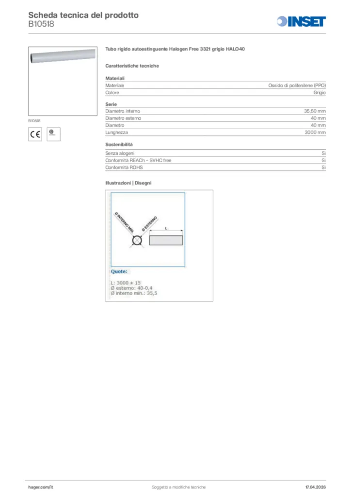 Immagine Inset Scheda tecnica del prodotto B10518 | Hager Italia