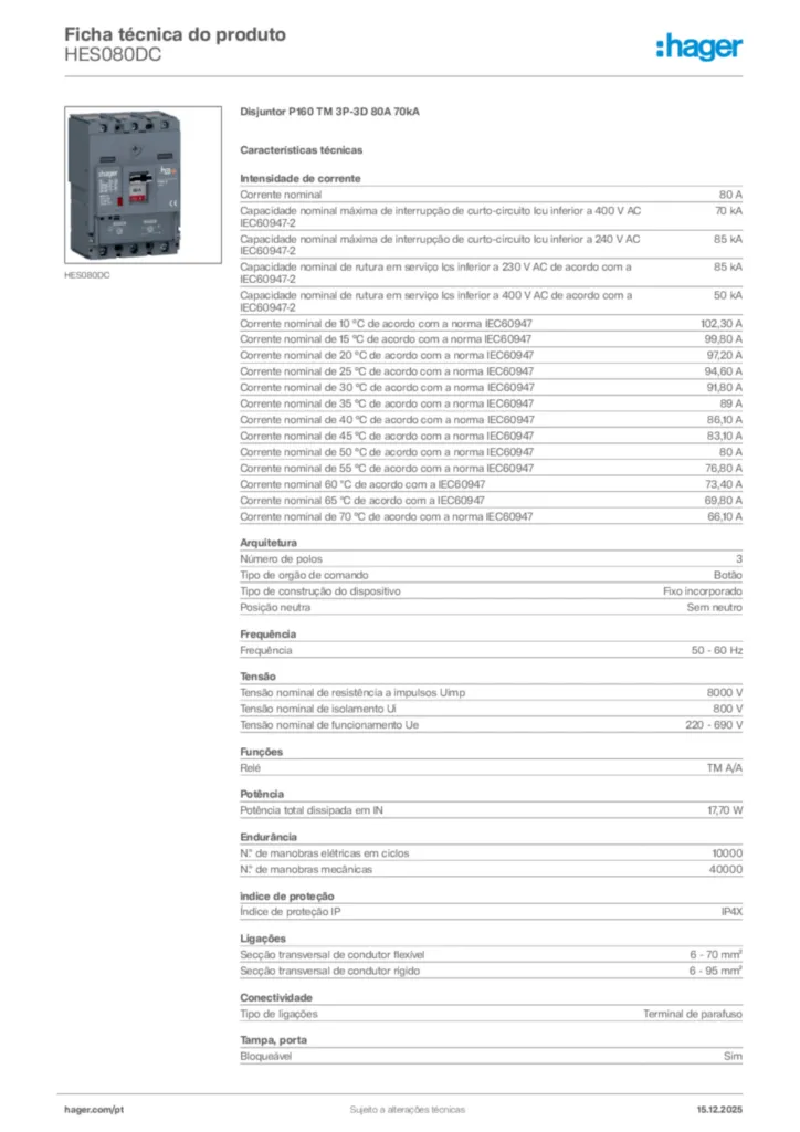 Imagem Hager Ficha técnica do produto HES080DC | Hager Portugal