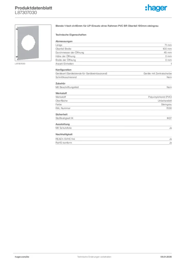 Bild Hager Produktdatenblatt L87307030 | Hager Deutschland