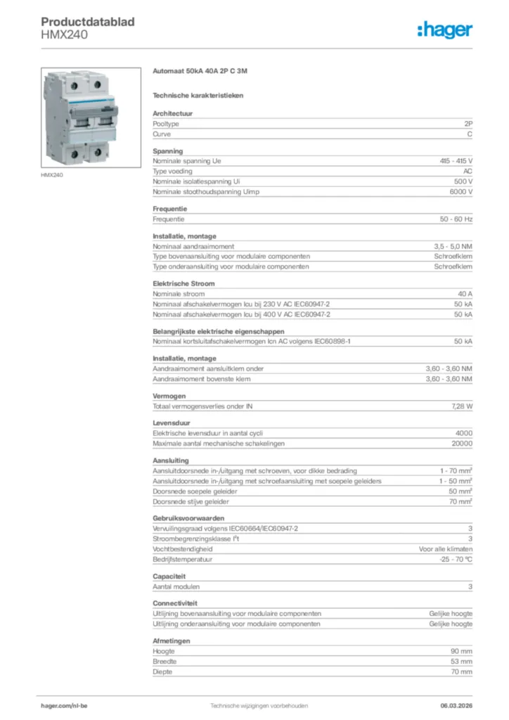 Afbeelding Hager Productdatablad HMX240 | Hager Belgium