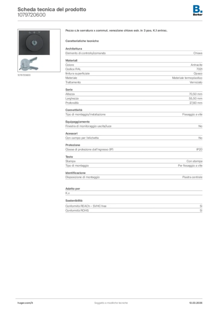 Immagine Berker Scheda tecnica del prodotto 1079720600 | Hager Italia