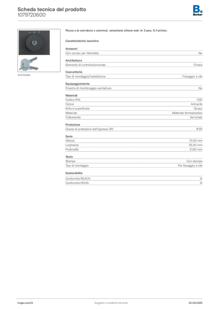 Immagine Berker Scheda tecnica del prodotto 1079720600 | Hager Italia