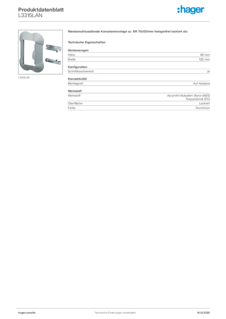 Bild Hager Produktdatenblatt L3315LAN | Hager Deutschland