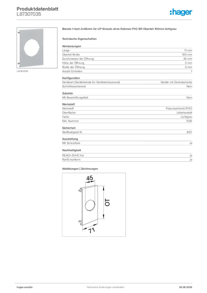 Bild Hager Produktdatenblatt L87307035 | Hager Deutschland
