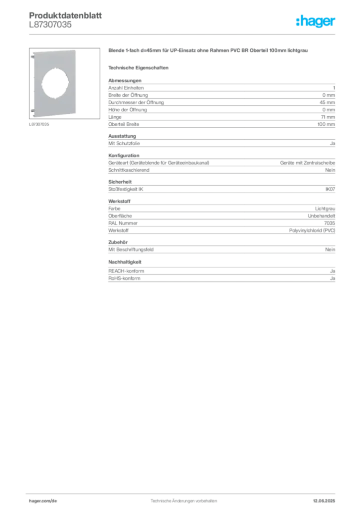 Hager Produktdatenblatt L87307035