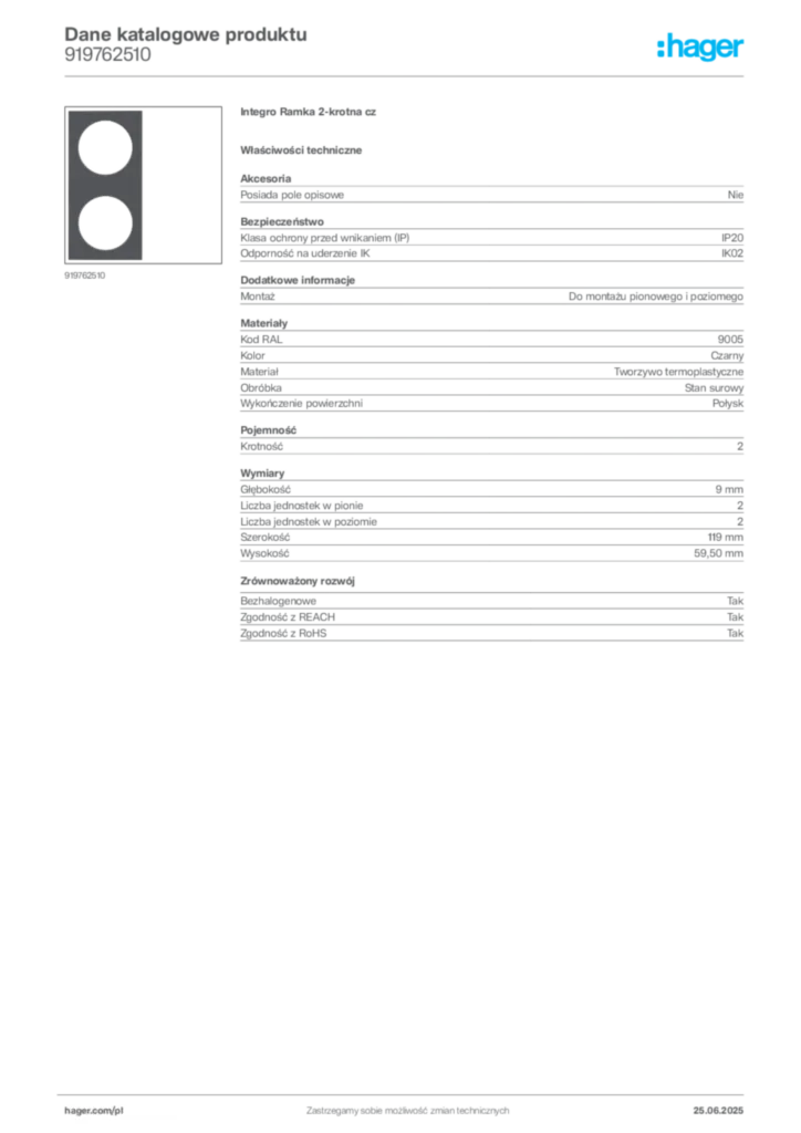 Zdjęcie Hager Karta katalogowa 919762510 | Hager Polska