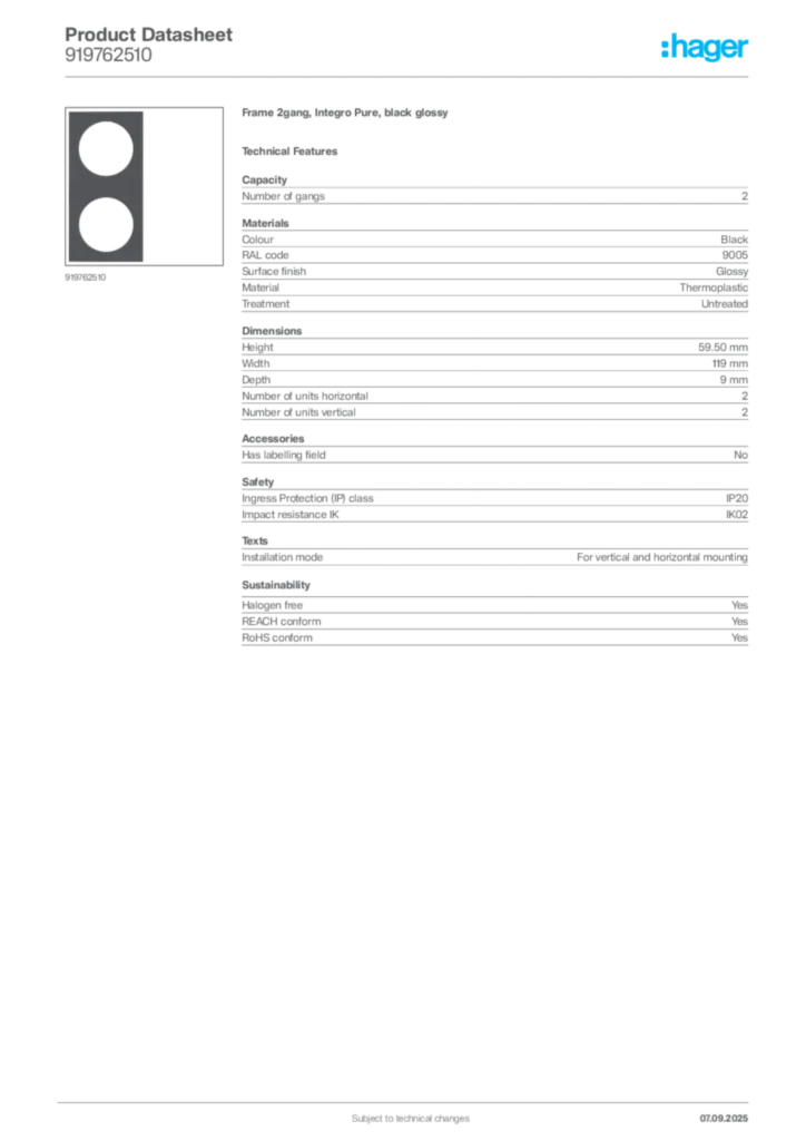 Image Hager Product data sheet 919762510  | Hager