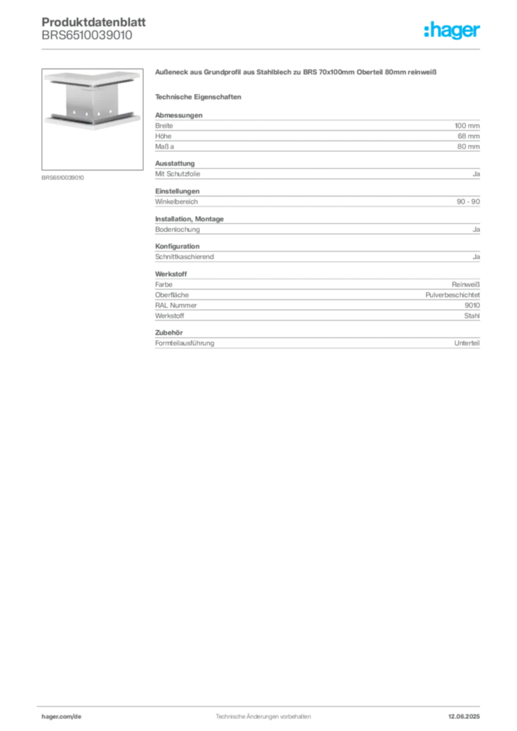 Bild Hager Produktdatenblatt BRS6510039010 | Hager Deutschland