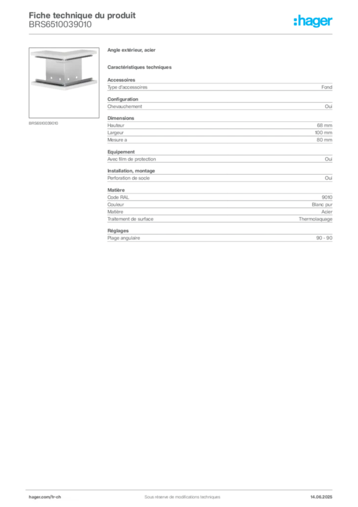 Image Hager Fiche technique du produit BRS6510039010 | Hager Suisse