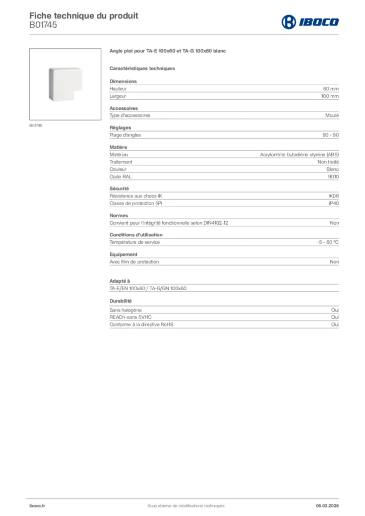 Image Iboco Fiche technique du produit B01745 | Hager France