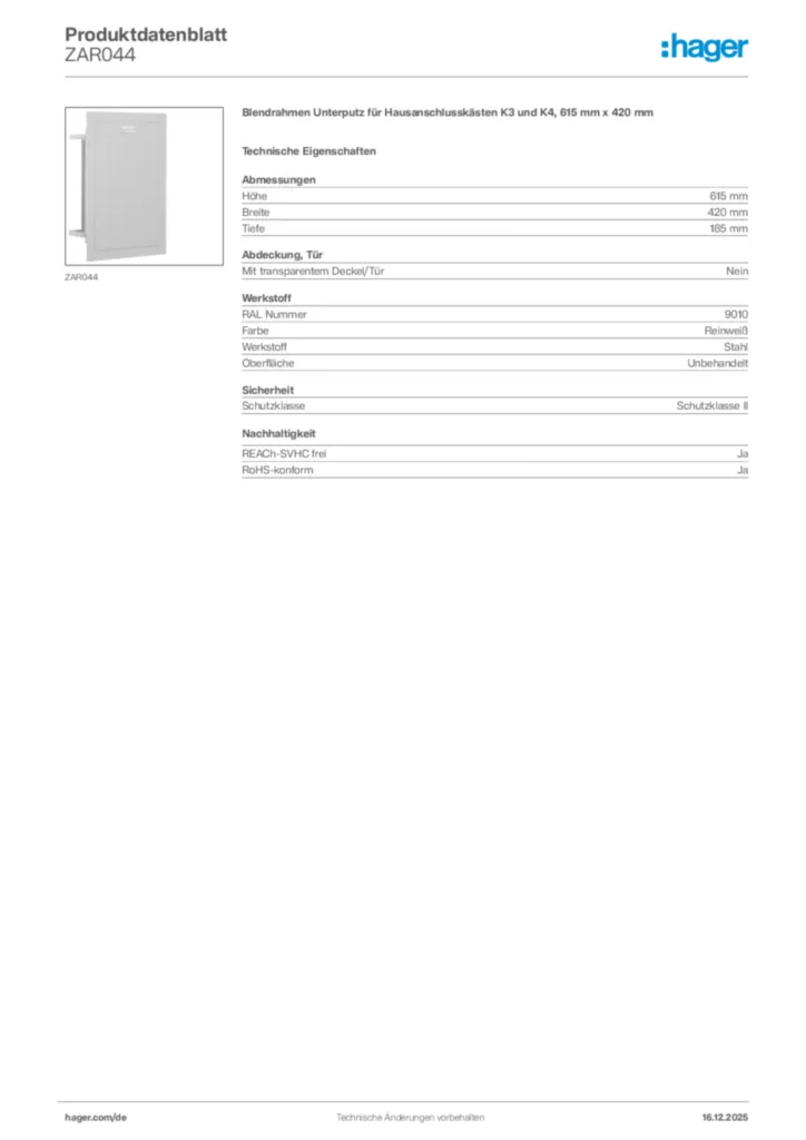Bild Hager Produktdatenblatt ZAR044 | Hager Deutschland