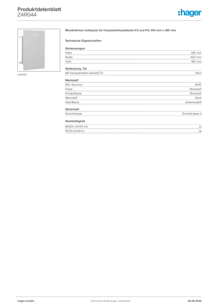 Bild Hager Produktdatenblatt ZAR044 | Hager Deutschland