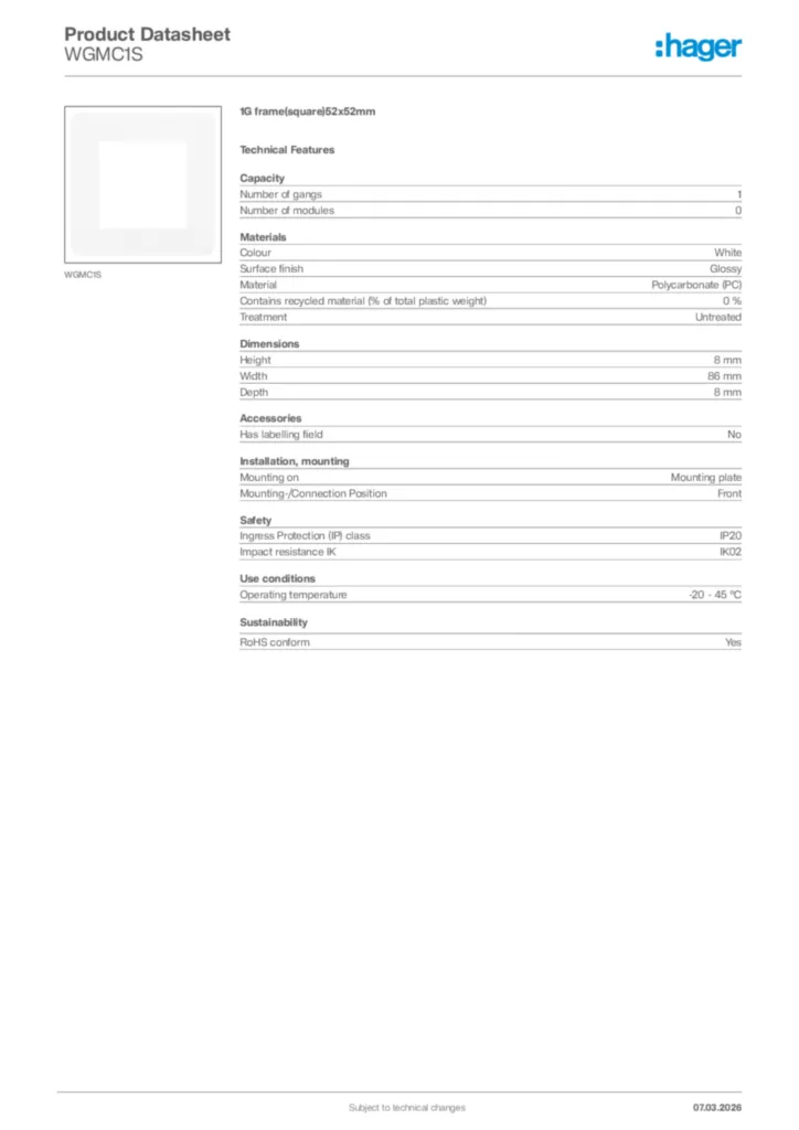 Image Hager Product data sheet WGMC1S  | Hager