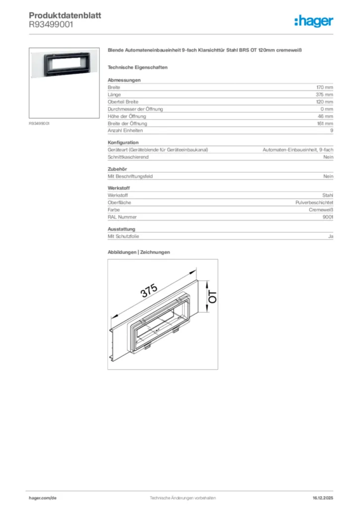 Bild Hager Produktdatenblatt R93499001 | Hager Deutschland
