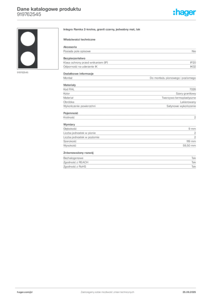 Zdjęcie Hager Karta katalogowa 919762545 | Hager Polska