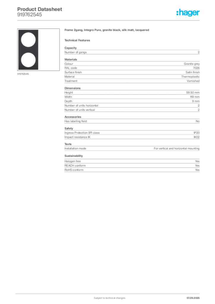 Image Hager Product data sheet 919762545  | Hager