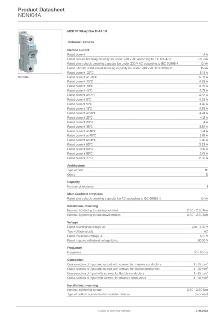 Image Hager Product data sheet NDN104A  | Hager Africa