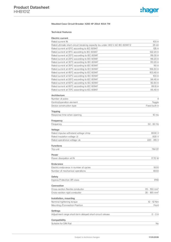 Image Hager Product data sheet HHB101Z  | Hager Africa