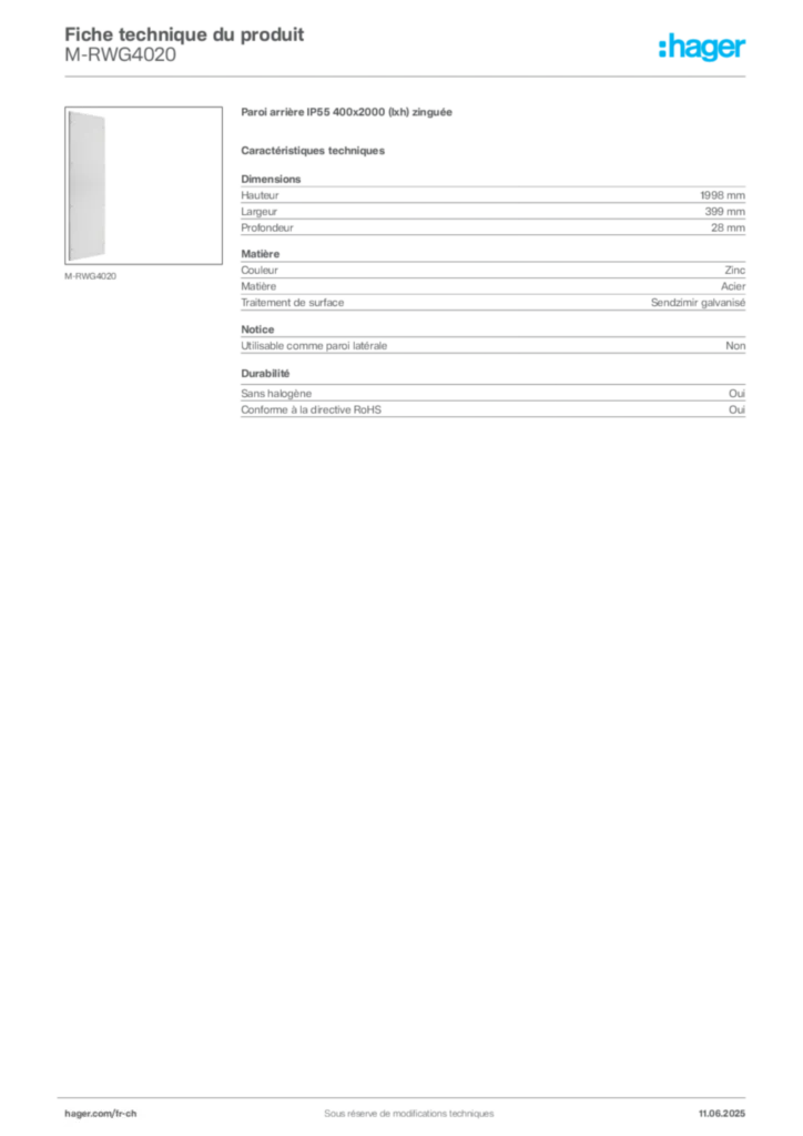 Image Hager Fiche technique du produit M-RWG4020 | Hager Suisse