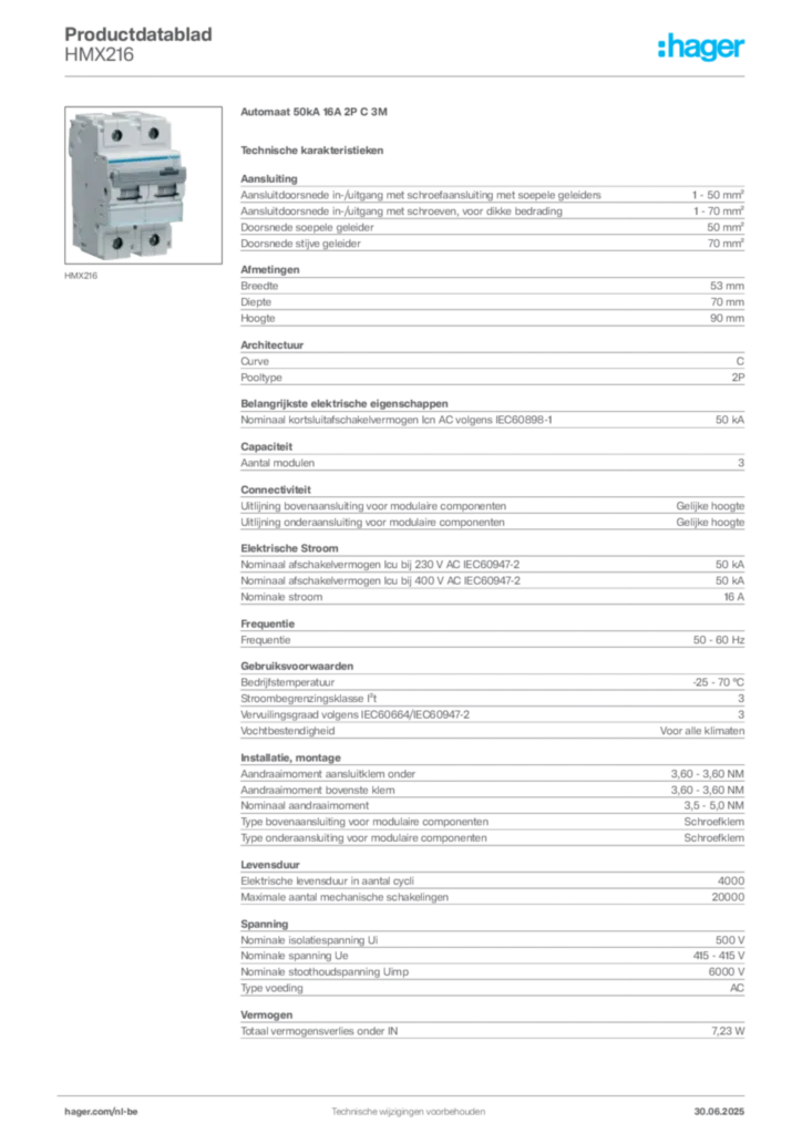 Afbeelding Hager Productdatablad HMX216 | Hager Belgium