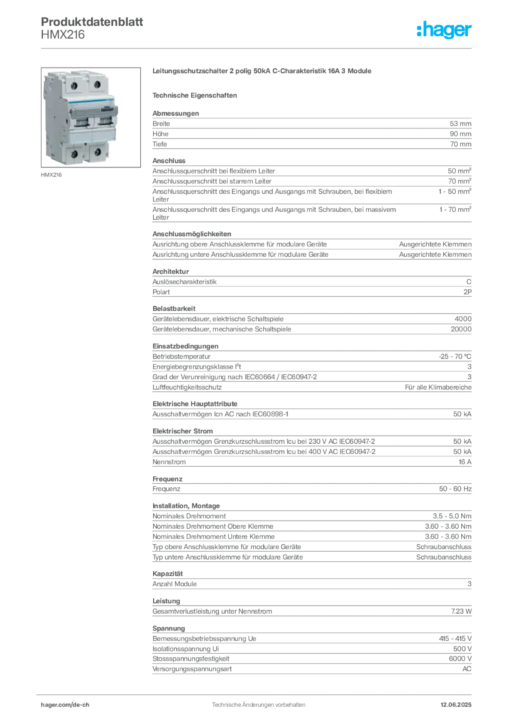 Bild Hager Produktdatenblatt HMX216 | Hager Schweiz