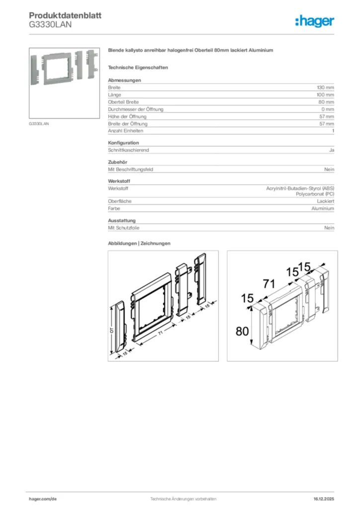 Bild Hager Produktdatenblatt G3330LAN | Hager Deutschland