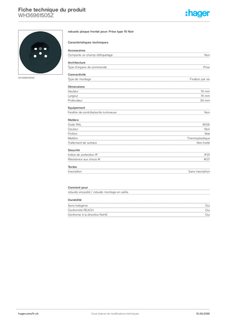 Image Hager Fiche technique du produit WH36961505Z | Hager Suisse