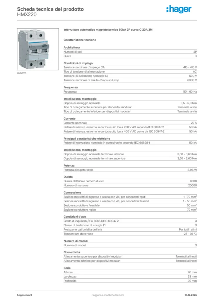 Immagine Hager Scheda tecnica del prodotto HMX220 | Hager Italia