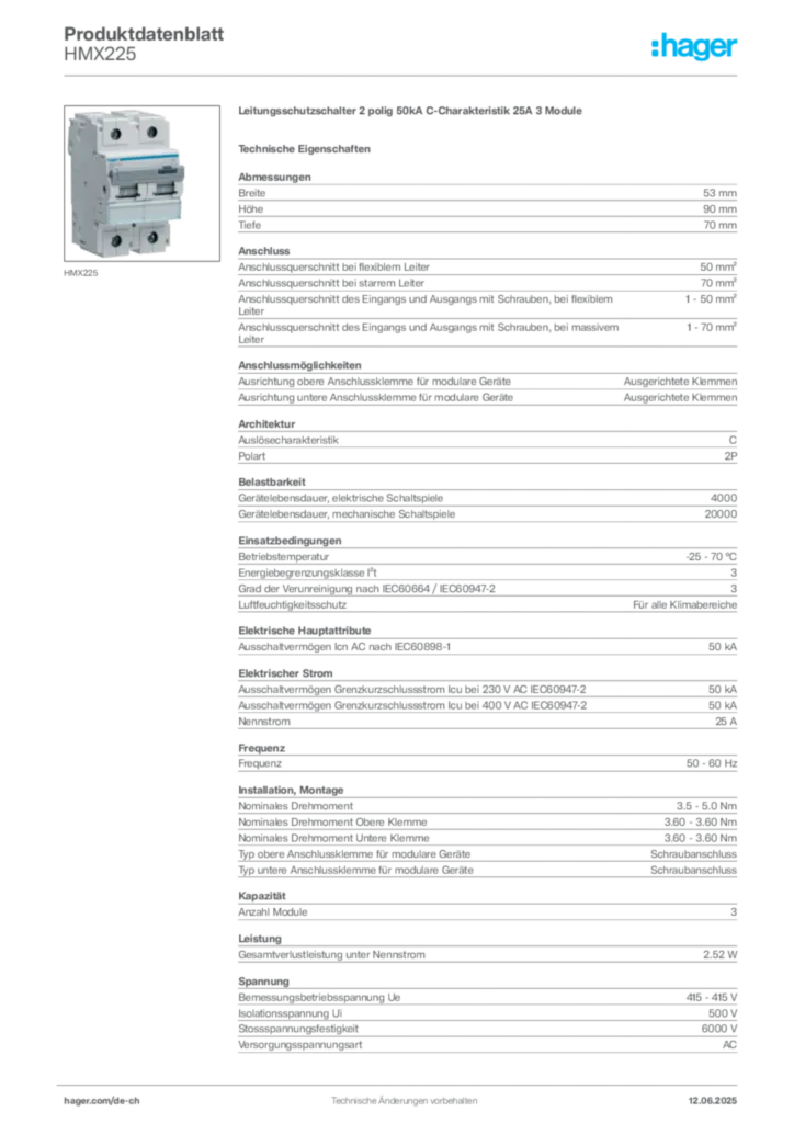 Bild Hager Produktdatenblatt HMX225 | Hager Schweiz