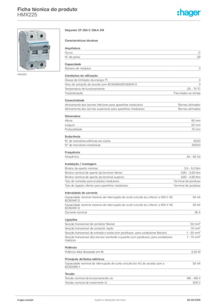 Imagem Hager Ficha técnica do produto HMX225 | Hager Portugal