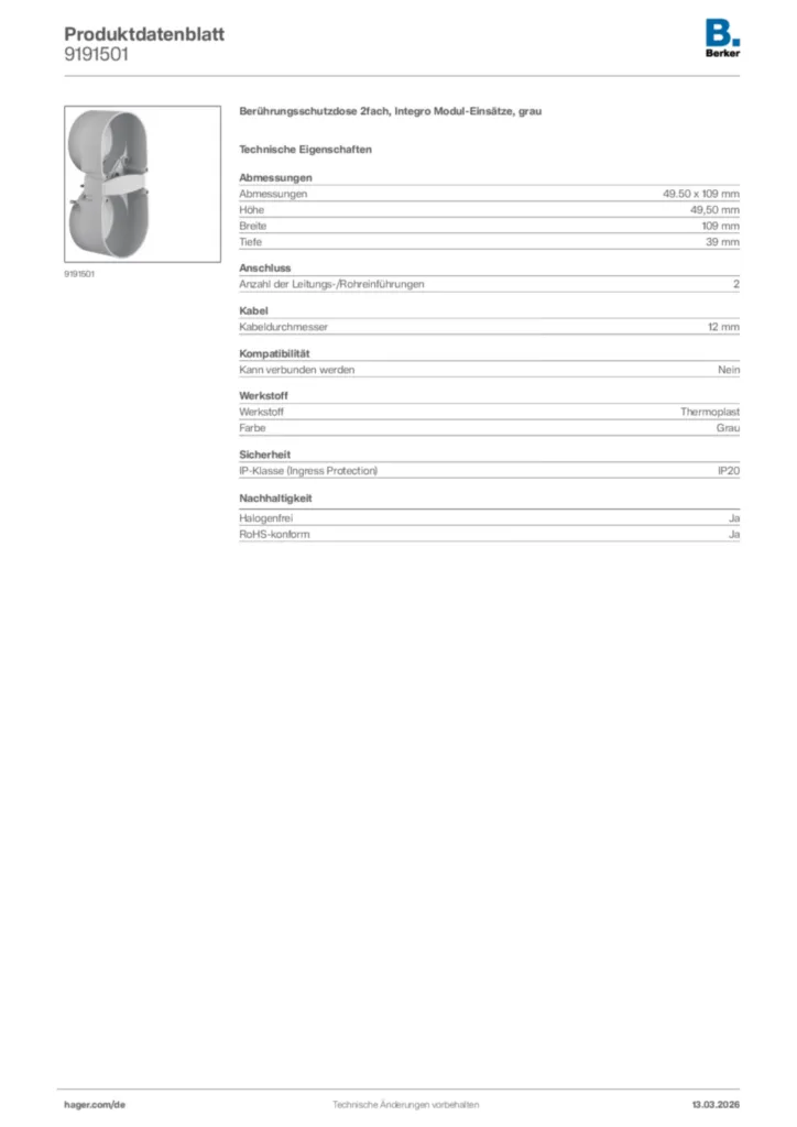 Bild Berker Produktdatenblatt 9191501 | Hager Deutschland